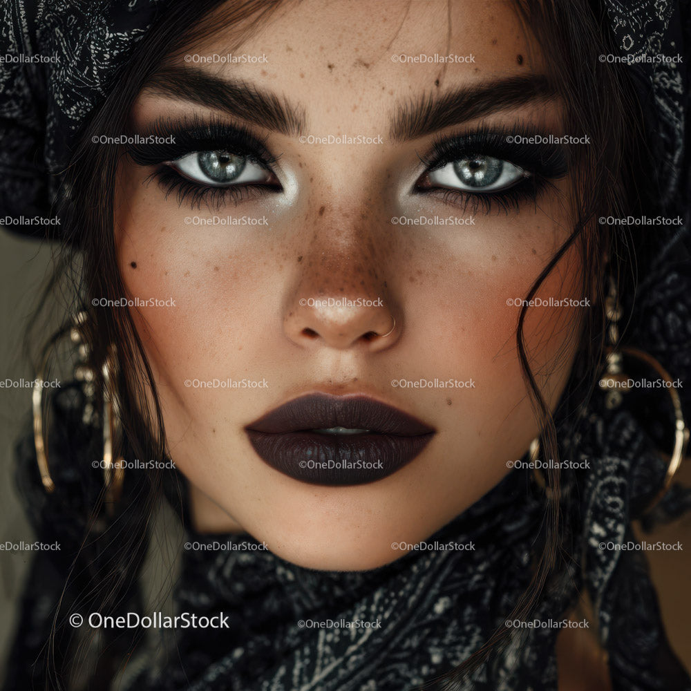 Close-up Portrait of Stunning Woman with Piercing Blue Eyes and Dark Makeup