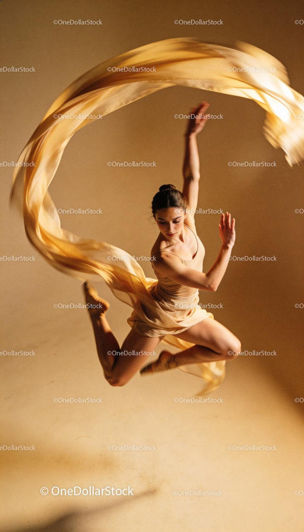 Graceful dancer in mid-air leap with flowing fabric