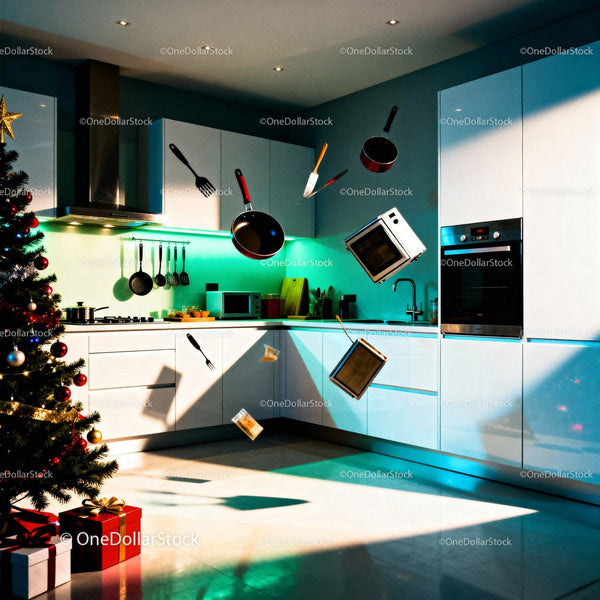 Modern kitchen with floating cookware and Christmas tree