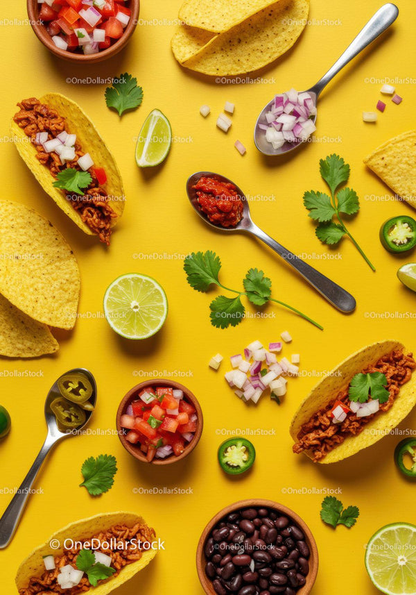 Fresh Mexican tacos with salsa and lime on yellow background