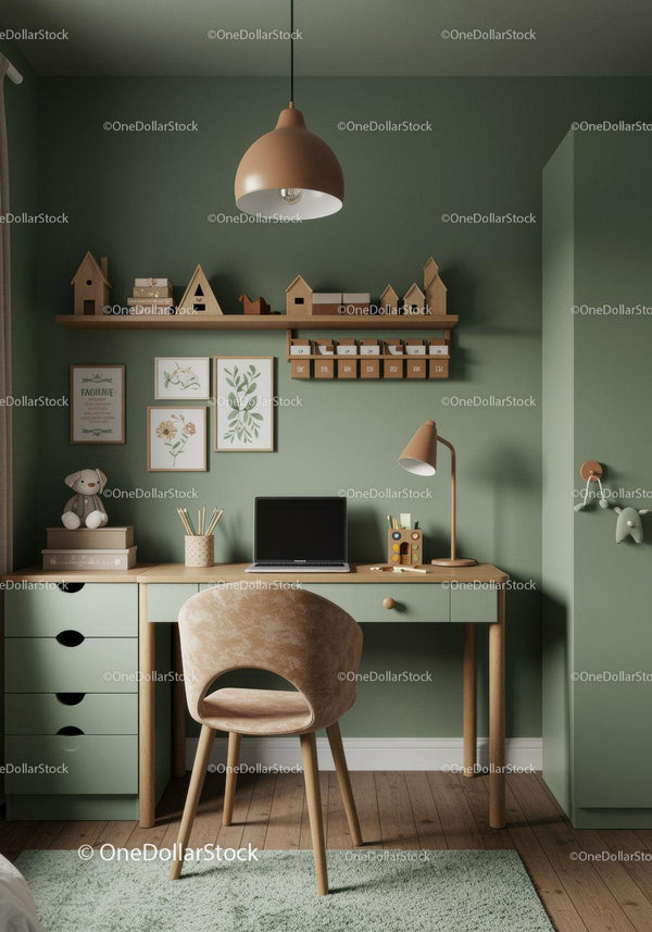 Green Nursery with Wooden Desk and Cozy Study Corner for Children