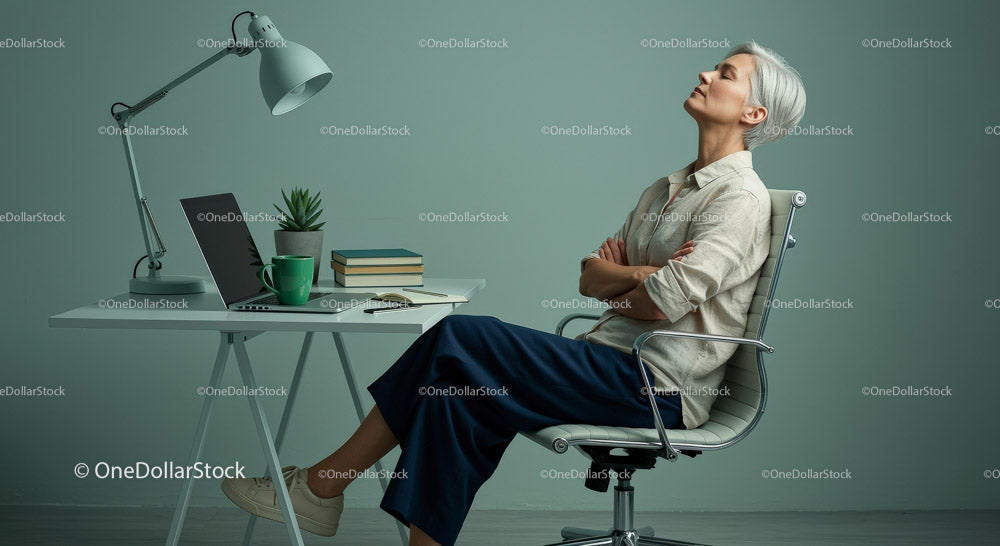 Thoughtful Woman Enjoying Peaceful Moment in Modern Office