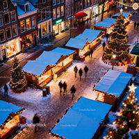 Festive Christmas Market in Snowy European Street