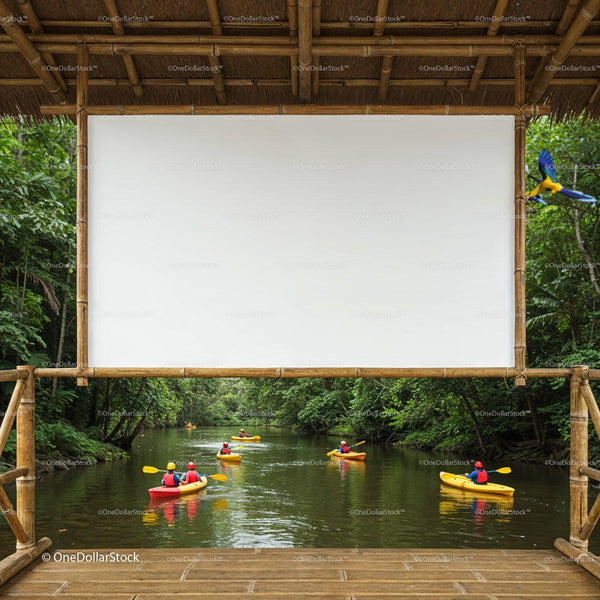 Group Kayaking Adventure on Tranquil Forest River JPG Mockup Image