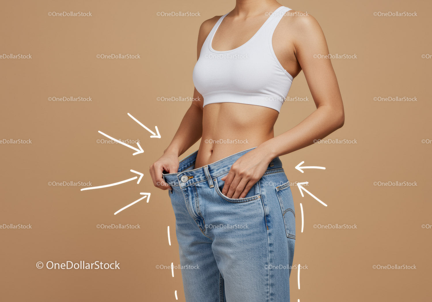 Woman in casual clothing adjusting jeans showcasing weight loss and body confidence