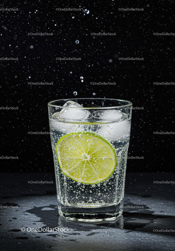 Refreshing sparkling water with lime and ice cubes