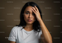 Expressive Portrait of a Thoughtful Woman with Dark Hair and White T-Shirt