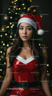 Young woman in Santa outfit with festive lights background