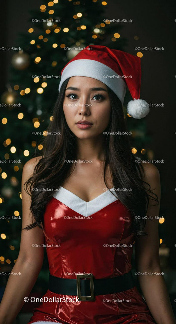 Young woman in Santa outfit with festive lights background