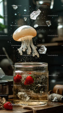 Jellyfish and Falling Ice in Glass Jar with Strawberries in Water