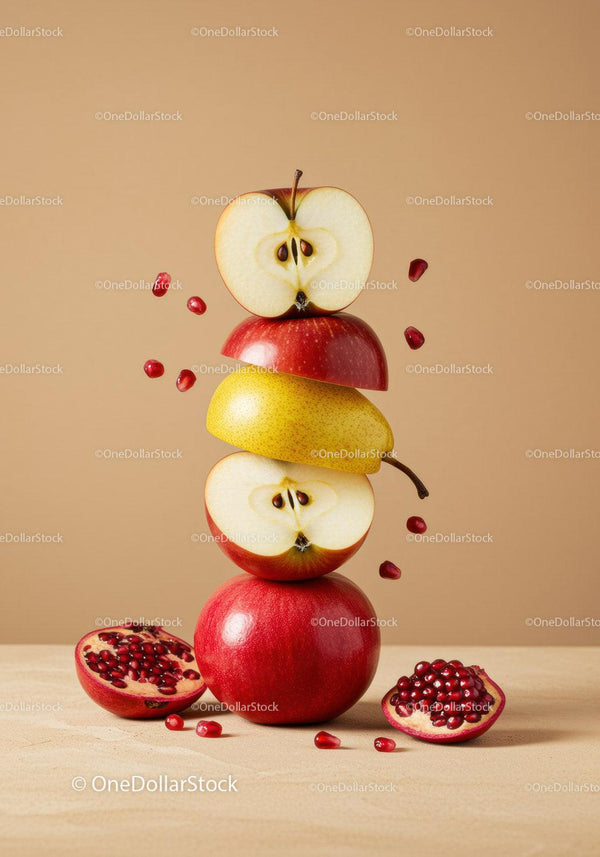 Stacked fresh fruits with pomegranate seeds on beige