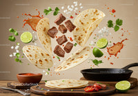 Floating ingredients for homemade beef tacos with tortillas