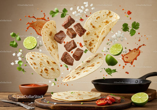 Unoszące się składniki do domowych tacos z wołowiną i tortillami