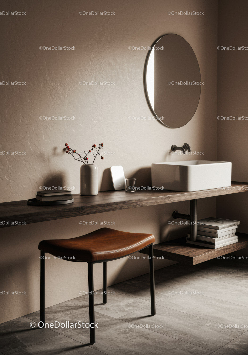 Minimalist Bathroom with Round Mirror and Ceramic Sink in Neutral Tones