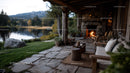Rustic Lakeview Cabin Porch with Outdoor Fireplace and Scenic Nature