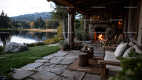 Rustic Lakeview Cabin Porch with Outdoor Fireplace and Scenic Nature