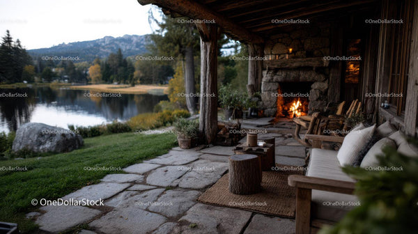 Rustic Lakeview Cabin Porch with Outdoor Fireplace and Scenic Nature