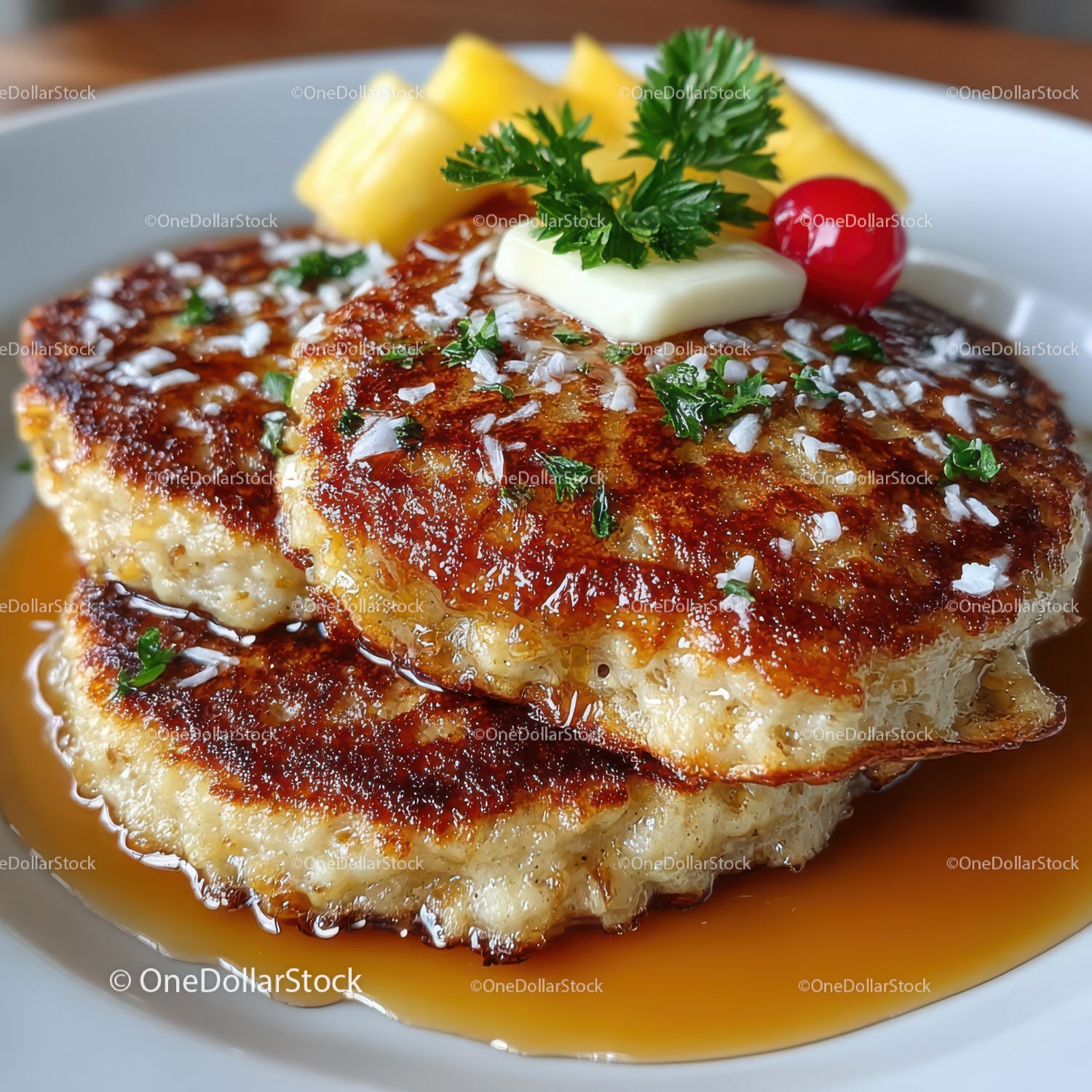 Soczysty stek hamburgerowy z ananasem, wiśnią i natką pietruszki