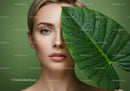 Close-Up of Woman with Large Tropical Leaf, Water Droplets, Green Background