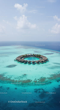 Overwater Bungalows in Turquoise Ocean With Clear Blue Sky