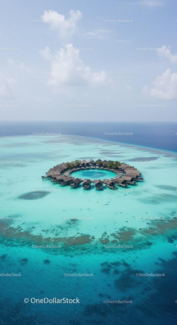 Overwater Bungalows in Turquoise Ocean With Clear Blue Sky