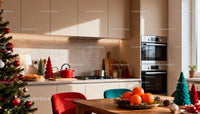 Cozy modern kitchen with festive Christmas decorations and fruit