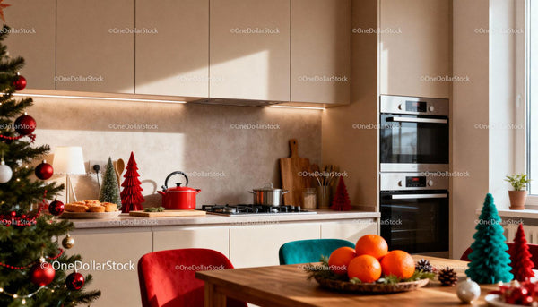 Cozy modern kitchen with festive Christmas decorations and fruit