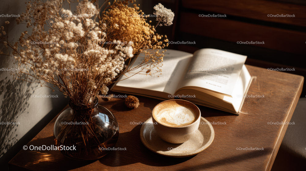 Dried Flowers in Amber Jar with Coffee and Open Book