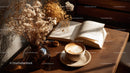 Dried Flowers in Amber Jar with Coffee and Open Book