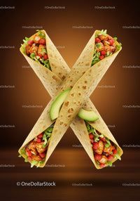 Four Chicken Wraps with Fresh Vegetables Crossed on Brown Background