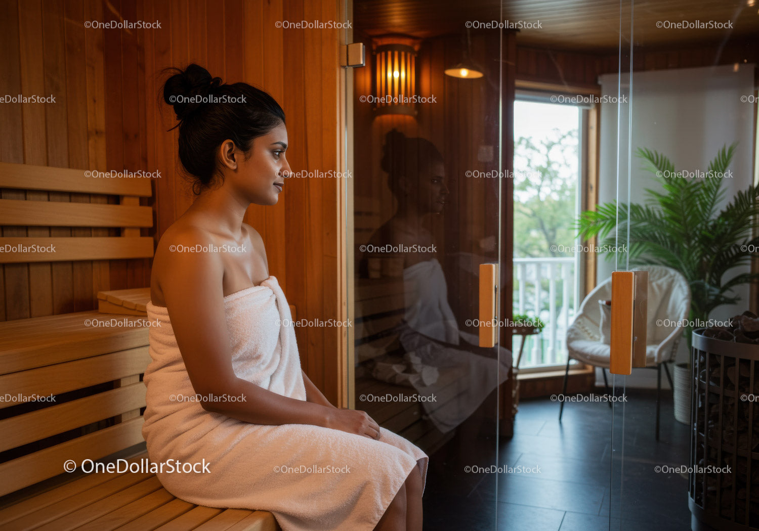 Relaksująca się kobieta w ręczniku spa w drewnianej saunie z zieloną rośliną