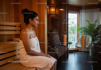 Relaxing Woman in Spa Towel in Wooden Sauna Room with Green Plant