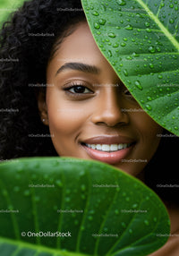 Beautiful Woman with Dark Curly Hair Behind Green Tropical Leaves