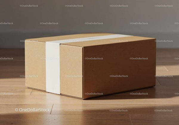 Closed cardboard box with white label on wooden floor JPG Mockup Image