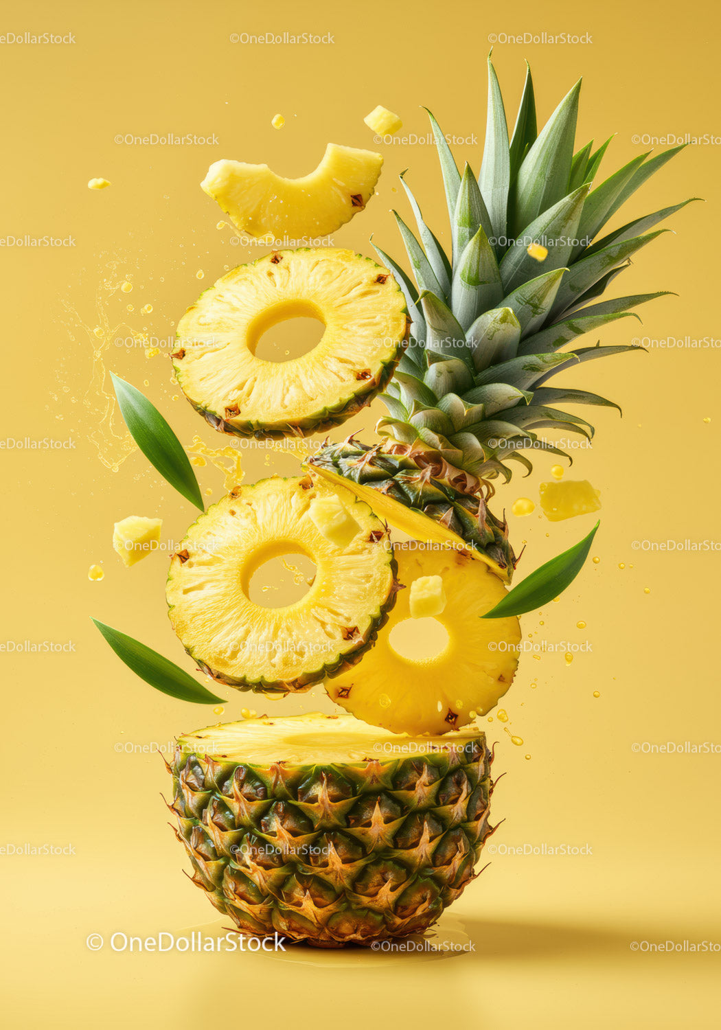 Fresh pineapple slices suspended with green leaves