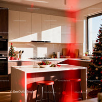 Modern kitchen with festive Christmas decorations and tree