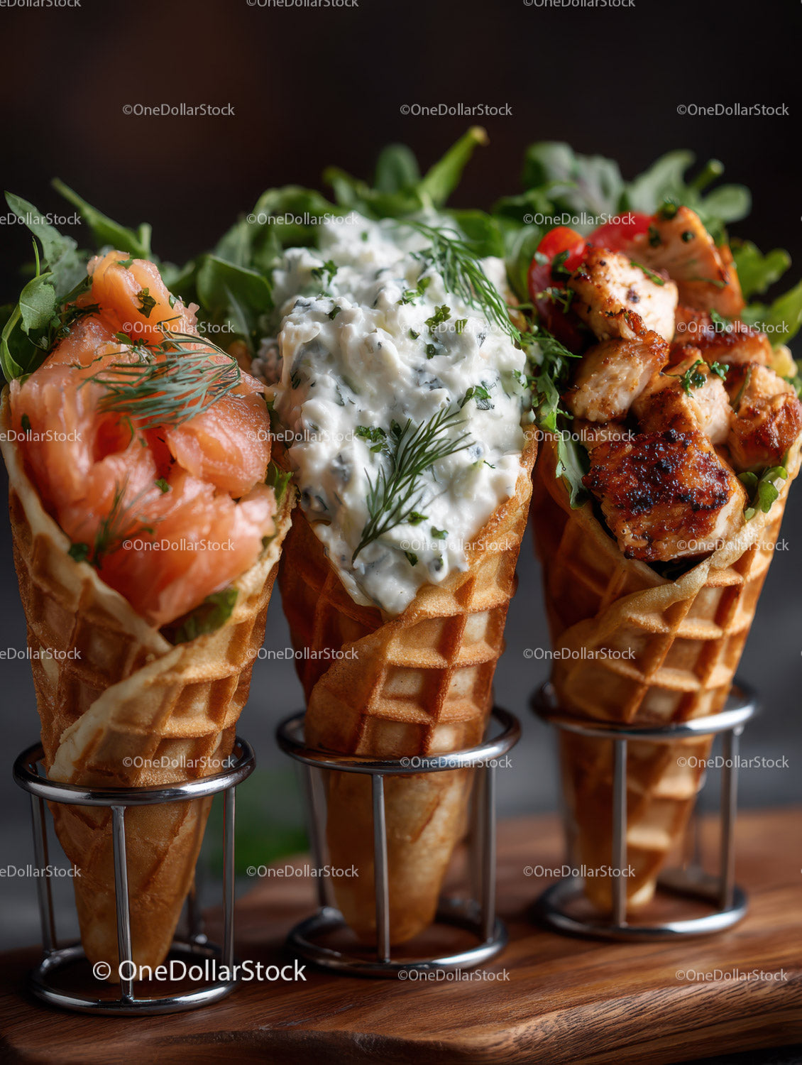 Gourmet Salmon and Chicken Cones with Blue Cheese Dressing