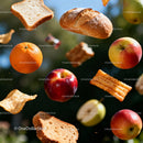 Fresh fruits and baked bread floating in midair