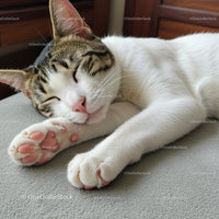 Sleeping tabby cat resting peacefully on soft surface