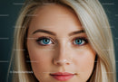 Close-up portrait of young woman with blue eyes