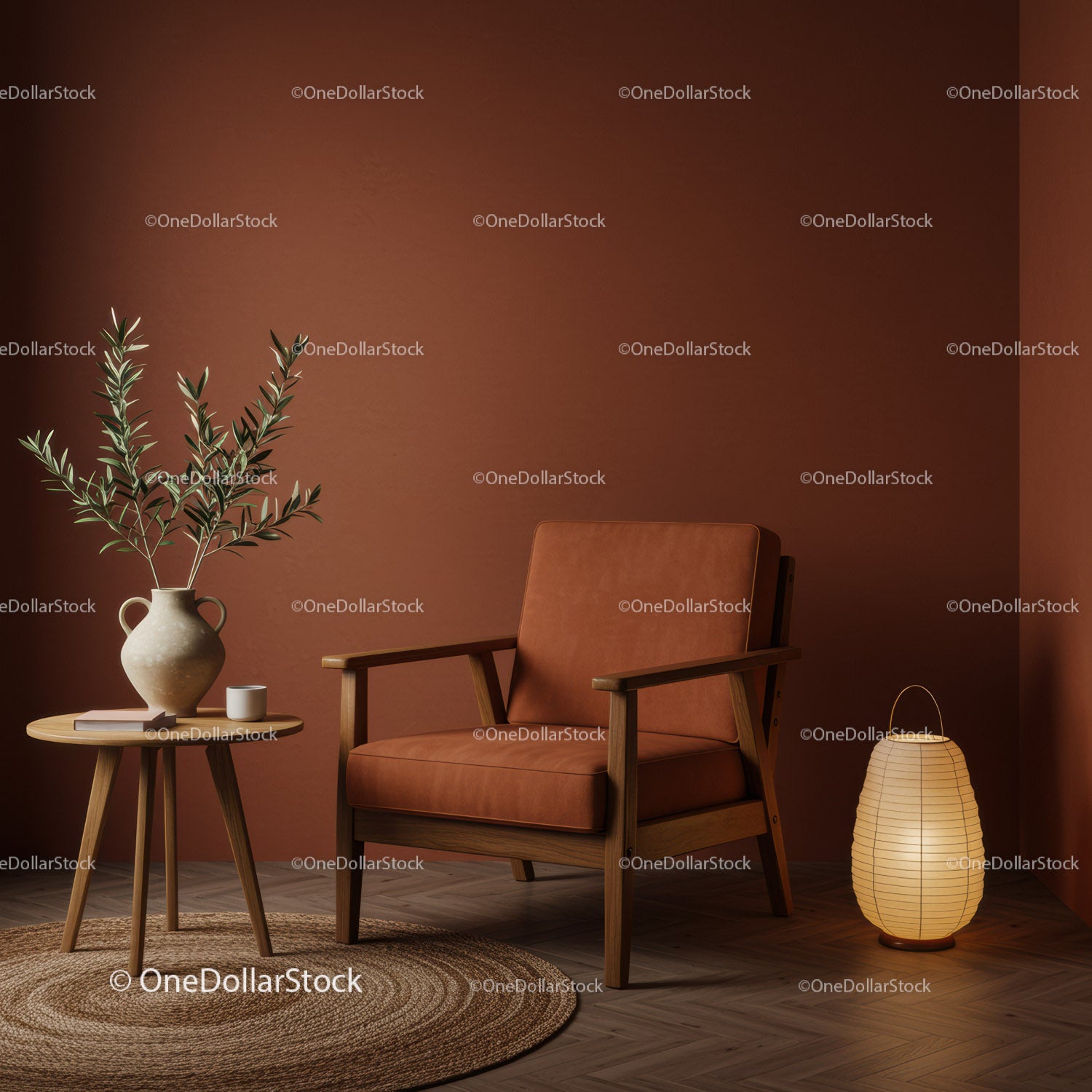 Cozy armchair with vase and warm ambient lighting