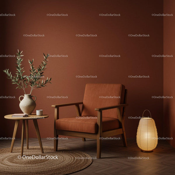 Cozy armchair with vase and warm ambient lighting
