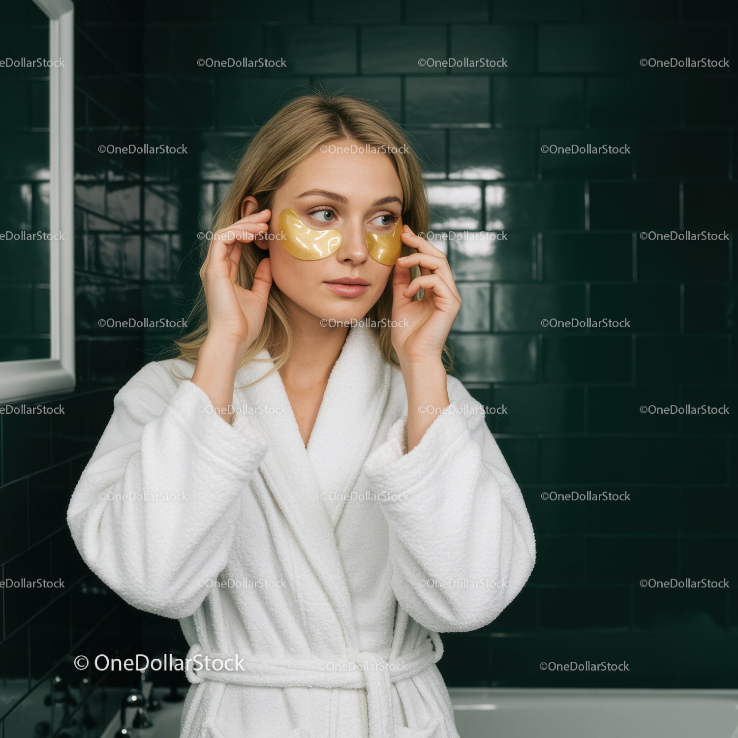 Young Woman Applying Eye Patches Skin Care Treatment in Bathroom