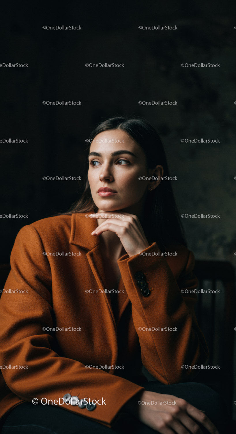 Elegancka kobieta w rdzawopomarańczowej marynarce z zamyślonym wyrazem twarzy
