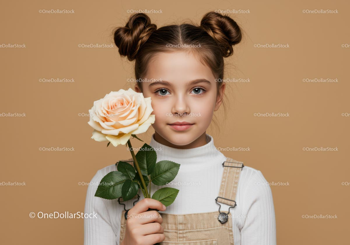 Young Girl with Pale Peach Rose Portrait on Soft Beige Background