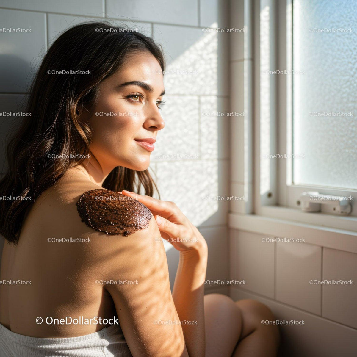 Woman Applying Natural Body Scrub by Sunlit Window