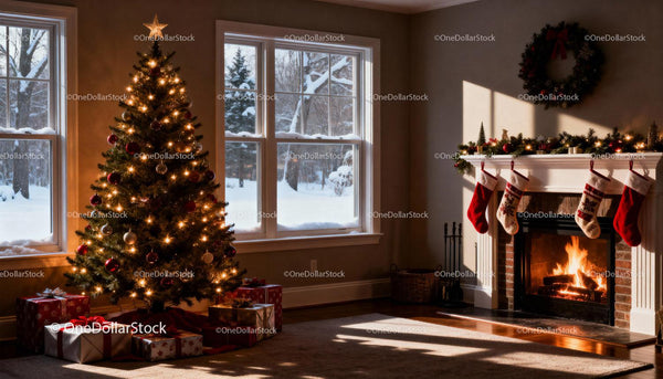 Cozy Christmas living room with decorated tree and fireplace