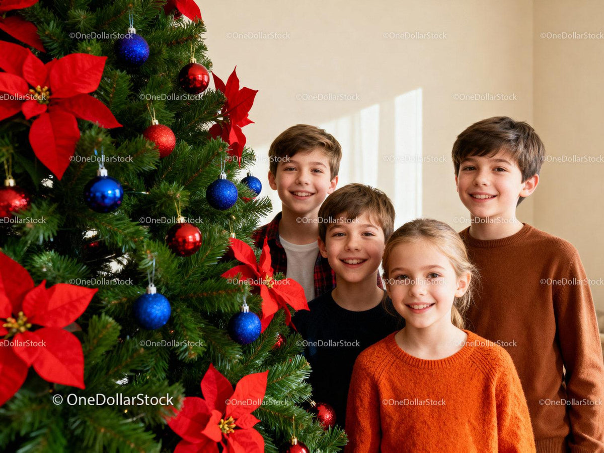 Smiling Children Standing by Decorated Christmas Tree