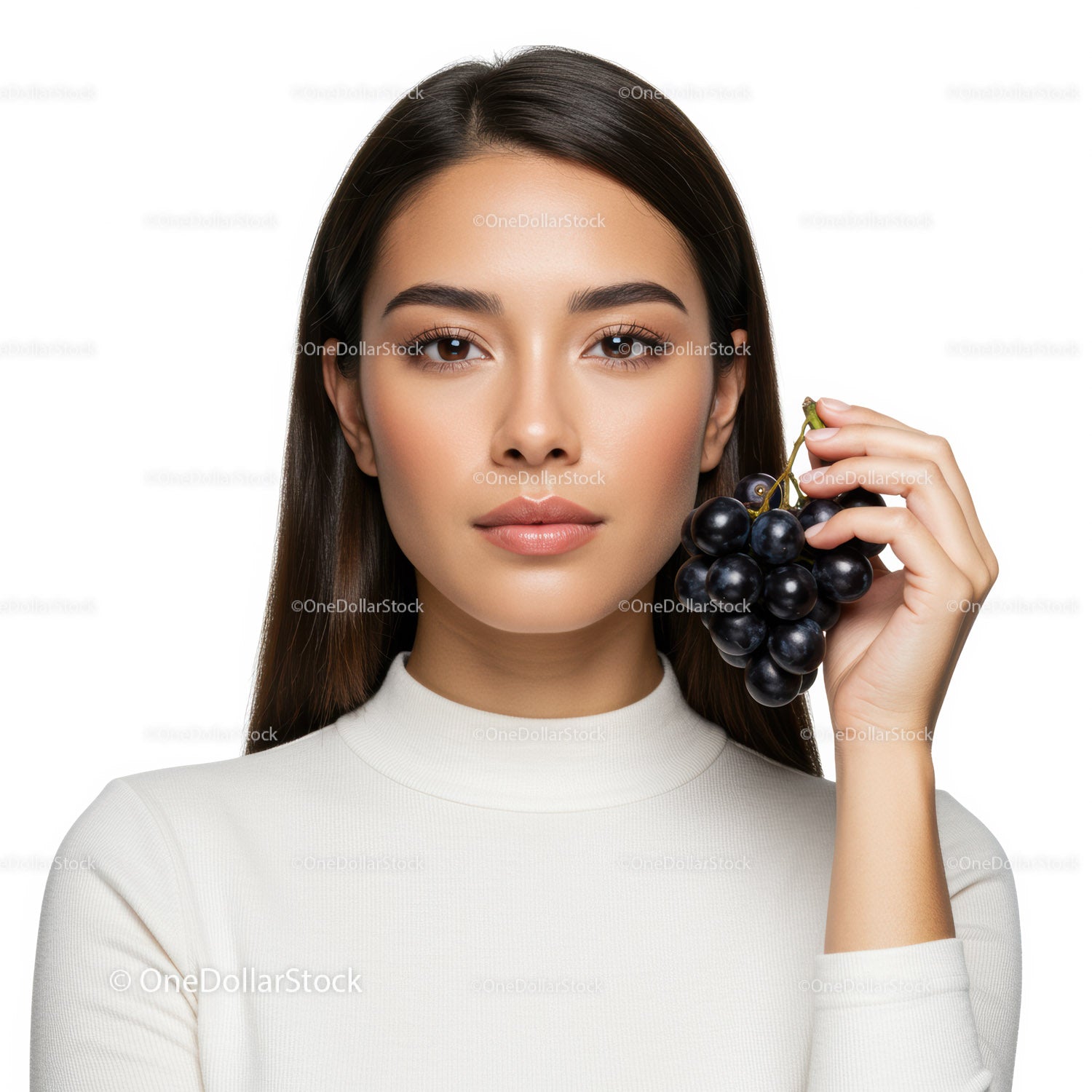Elegant Woman Holding Fresh Black Grapes Against White Background