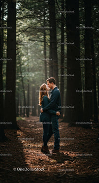 Couple sharing a tender moment in serene forest